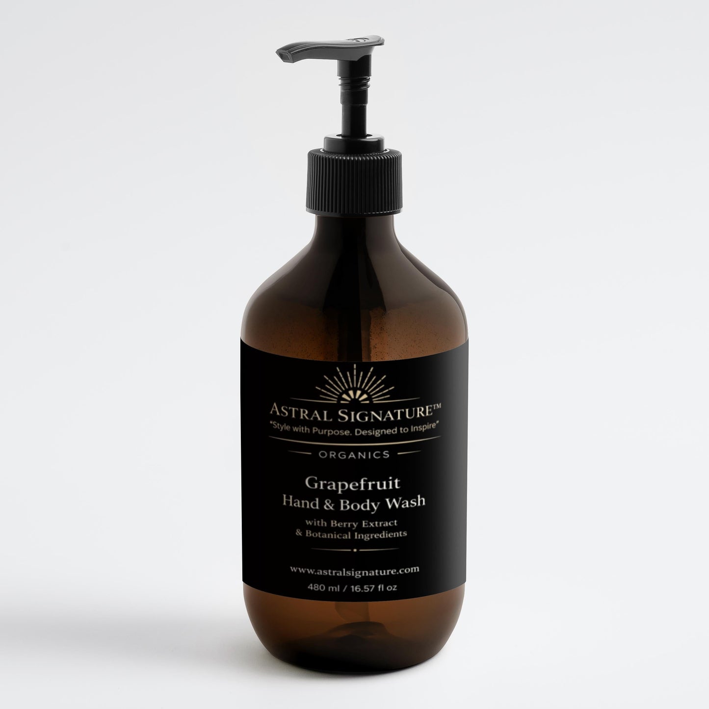 Astral Signature™ Hand & Body Wash Cleanses, Grapefruit featured in practical amber packaging, perfect for all skin types. This body wash contains Betaine, ensuring hydration while addressing cleansing concerns for dehydrated skin. Its vegan formula is both gentle to the skin and a delightful choice for any body-care routine.