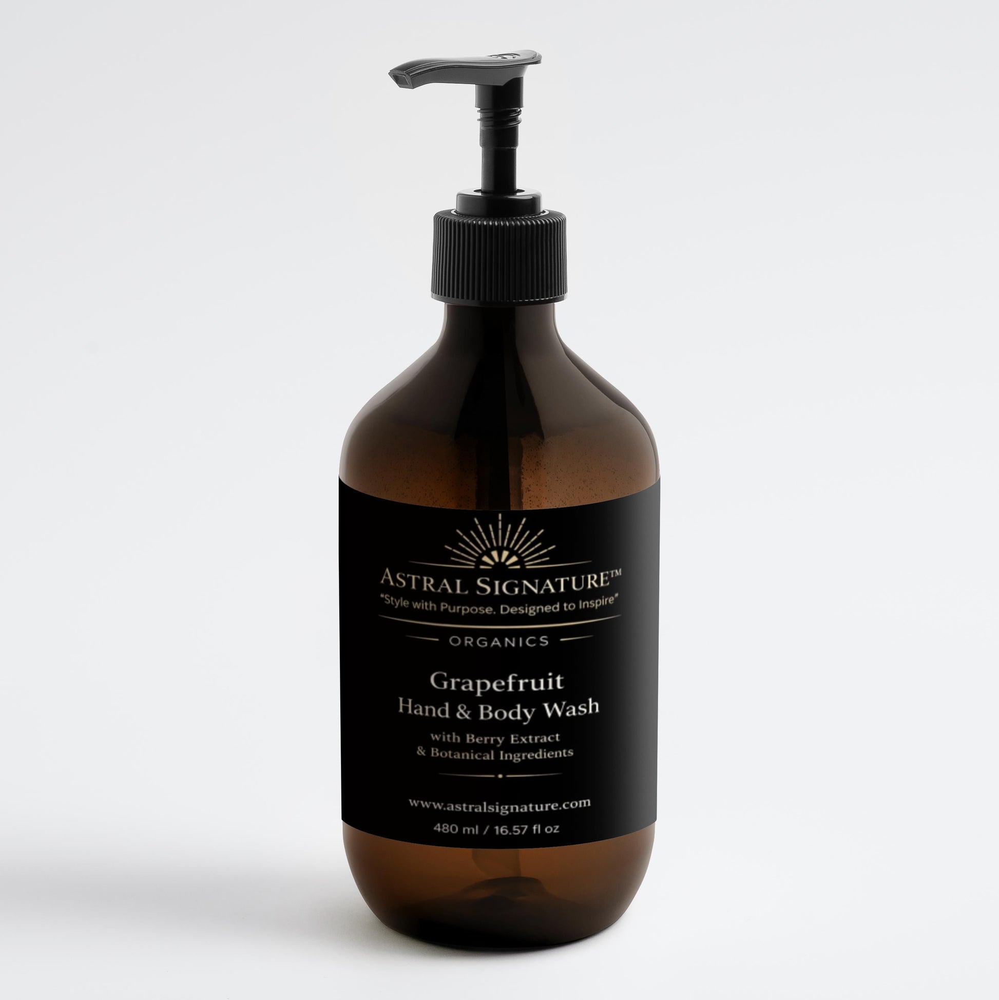 Astral Signature™ Hand & Body Wash Cleanses, Grapefruit featured in practical amber packaging, perfect for all skin types. This body wash contains Betaine, ensuring hydration while addressing cleansing concerns for dehydrated skin. Its vegan formula is both gentle to the skin and a delightful choice for any body-care routine.
