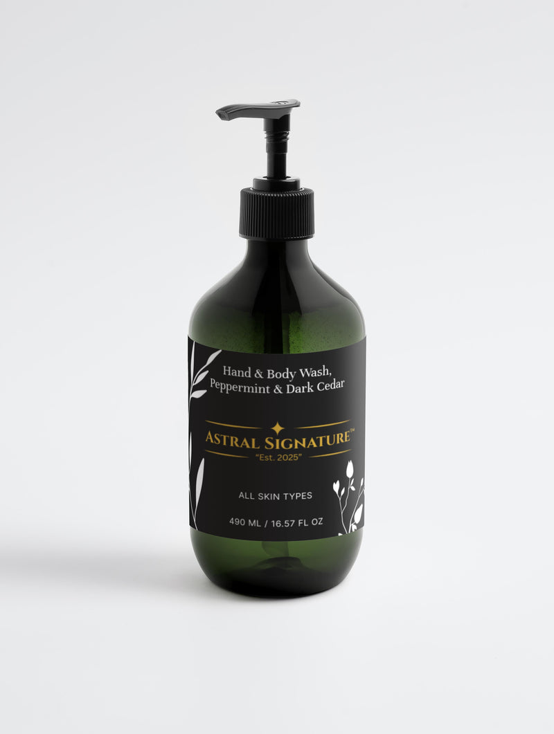 Astral Signature Hand & Body Wash, Peppermint & Dark Cedar in dark green bottle suitable for all skin types. This hydrating body wash is vegan, gluten-free, and made with natural ingredients like betaine. It provides a gentle cleansing experience, perfect for dehydrated skin, while being allergen label free.