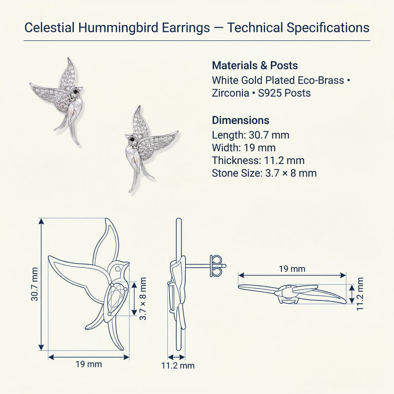 Detailed specifications of the Celestial Hummingbird Earrings, including materials like white gold plated eco-brass and dimensions. This informative card from Astral Signature highlights the earrings' zirconia embellishments, making them an ideal gift for her.