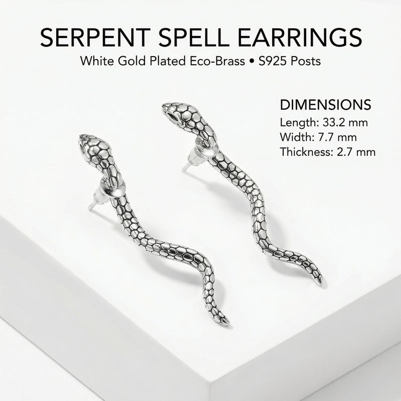 Elegant layout of the Serpent Spell Earrings by Astral Signature, featuring dimensions and details. These Eco-Brass earrings highlight a serpentine shape and are perfect as a gift for her, with durable S925 Sterling Silver posts.