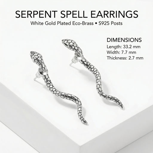 Elegant layout of the Serpent Spell Earrings by Astral Signature, featuring dimensions and details. These Eco-Brass earrings highlight a serpentine shape and are perfect as a gift for her, with durable S925 Sterling Silver posts.