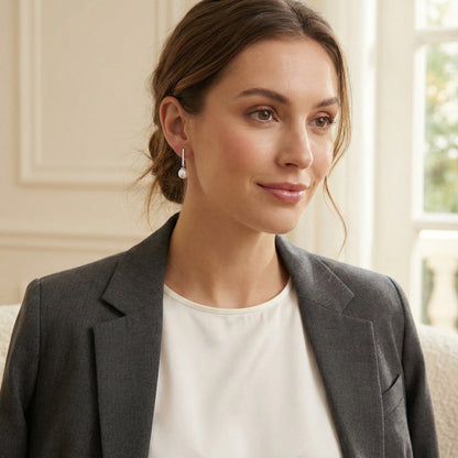 A woman wearing the Pearl Drop T-Bar Earrings - Freshwater Pearl - Rhodium-Plated 925 Sterling Silver by Astral Signature. The earrings complement her stylish attire, showcasing an elegant and minimalist design perfect for everyday wear. Ideal as a gift for her, these unique earrings are part of the Limited Edition collection from Astral Design.