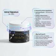 Informative graphic of the Keratin Intensive Rescue Hair Mask by Astral Signature, detailing its active ingredients and benefits. This hair mask, suitable for all skin types, deeply nourishes and enhances shine while addressing dry ends and helping to reduce breakage and split ends with natural certified ingredients like keratin, peptides, and wheat protein.