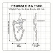 Technical illustration of Stardust Chain Studs by Astral Signature, detailing dimensions of these Eco-Brass earrings. The sterling silver (S925) studs are enhanced with Zirconia, ideal for a chic gift for her.
