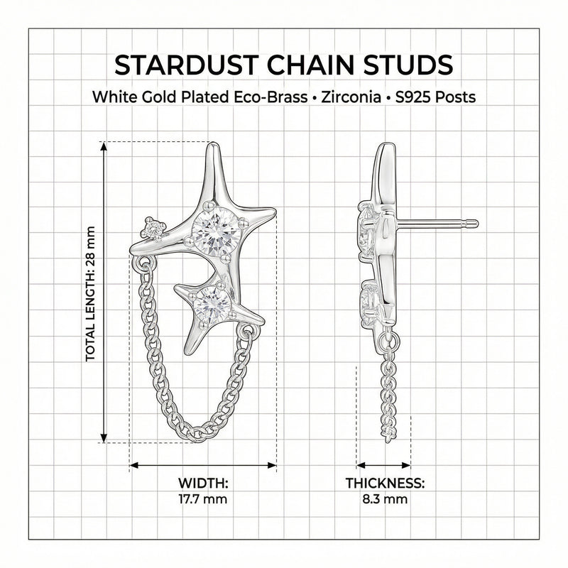 Technical illustration of Stardust Chain Studs by Astral Signature, detailing dimensions of these Eco-Brass earrings. The sterling silver (S925) studs are enhanced with Zirconia, ideal for a chic gift for her.