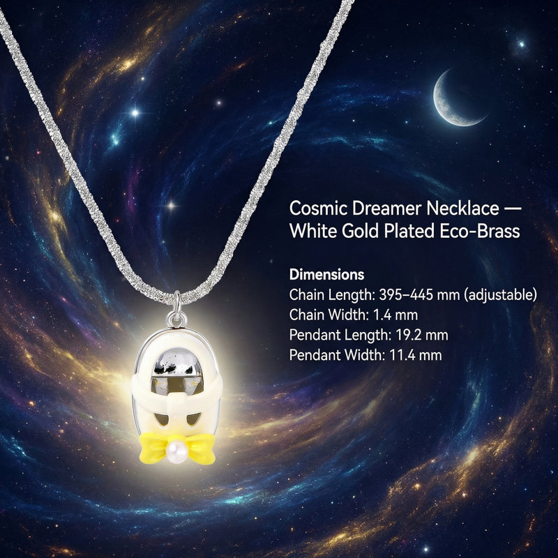 Dramatic view of the Cosmic Dreamer Necklace by Astral Signature with adjustable chain specifications including a 19.2mm pendant. Showcasing its white gold plated Eco-Brass and whimsical charm. Cosmic Dreamer Necklace, Eco-Brass Necklaces, Necklace, White Gold Plated Eco-Brass.