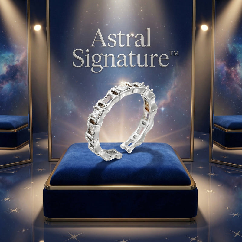 The Geometric Luxe Ring displayed on a blue velvet pedestal, highlighting its sophisticated white gold plated Eco-Brass and sparkling zirconia, designed by Astral Signature.