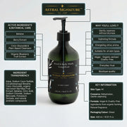 An informative graphic of Astral Signature Grapefruit Hand & Body Wash, detailing its key ingredients like Betaine and its suitability for all skin types. This hydrating body wash is designed to gently cleanse while addressing dehydrated skin concerns, all showcased in elegant green packaging that emphasizes its vegan and cruelty-free qualities.