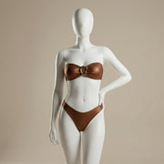 Stylish Swimwear Halter Bikini Set in bronze on a mannequin, demonstrating its elegant design and golden hardware. Ideal for discerning customers seeking high-quality swimwear options. APPAREL, CCPRODUCTS, Dark brown, NEW ARRIVALS, SWIMWEAR & COVER-UPS.
