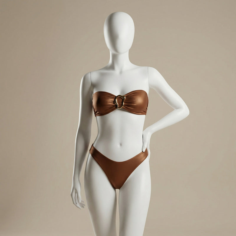 Stylish Swimwear Halter Bikini Set in bronze on a mannequin, demonstrating its elegant design and golden hardware. Ideal for discerning customers seeking high-quality swimwear options. APPAREL, CCPRODUCTS, Dark brown, NEW ARRIVALS, SWIMWEAR & COVER-UPS.