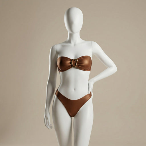 Stylish Swimwear Halter Bikini Set in bronze on a mannequin, demonstrating its elegant design and golden hardware. Ideal for discerning customers seeking high-quality swimwear options. APPAREL, CCPRODUCTS, Dark brown, NEW ARRIVALS, SWIMWEAR & COVER-UPS.