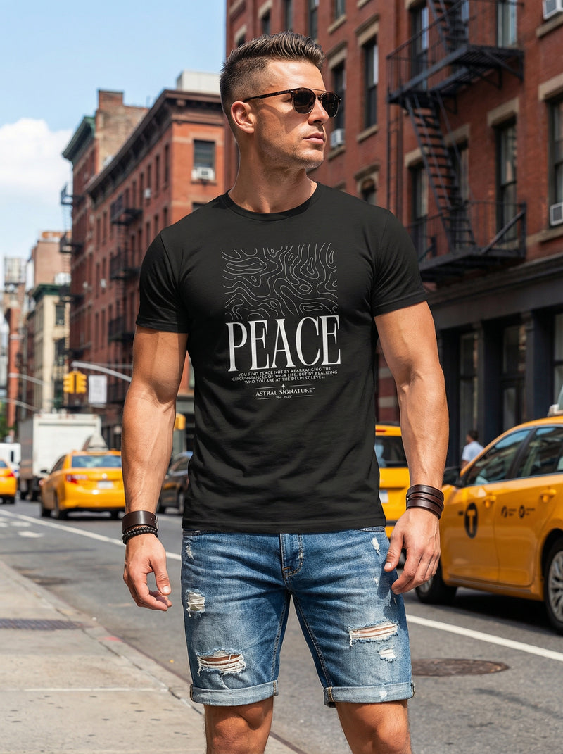 Astral Inner Peace Minimalist Tee — White ‘PEACE’ Script Men’s T-Shirt