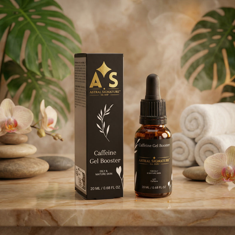The Caffeine Gel Booster - Energizing Formula for Puffiness by Astral Signature displayed with its amber packaging amidst tropical plants and spa towels. This hydrating booster is designed for mature and oily skin, focusing on anti-age effects and alleviating under-eye fatigue. Featuring natural certified ingredients, it promises a refreshing and effective face-care experience.