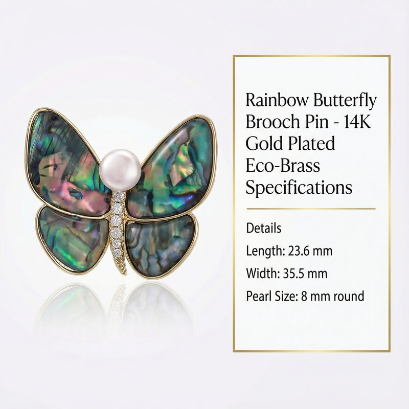 Detailed specifications of the Rainbow Butterfly Brooch Pin by Astral Signature, highlighting dimensions and materials. This stunning piece features 14K Gold Plated Eco-Brass and an 8 mm round freshwater pearl.  Jewelry Pins, Pins.