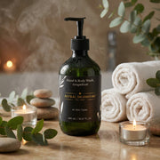 The Astral Signature Grapefruit Hand & Body Wash bottle beautifully displayed with soft towels and candles for a calming atmosphere. This body wash caters to all skin types and features hydrating properties. With its vegan formula and use of Betaine, it effectively addresses dehydration and delivers a gentle cleansing experience.