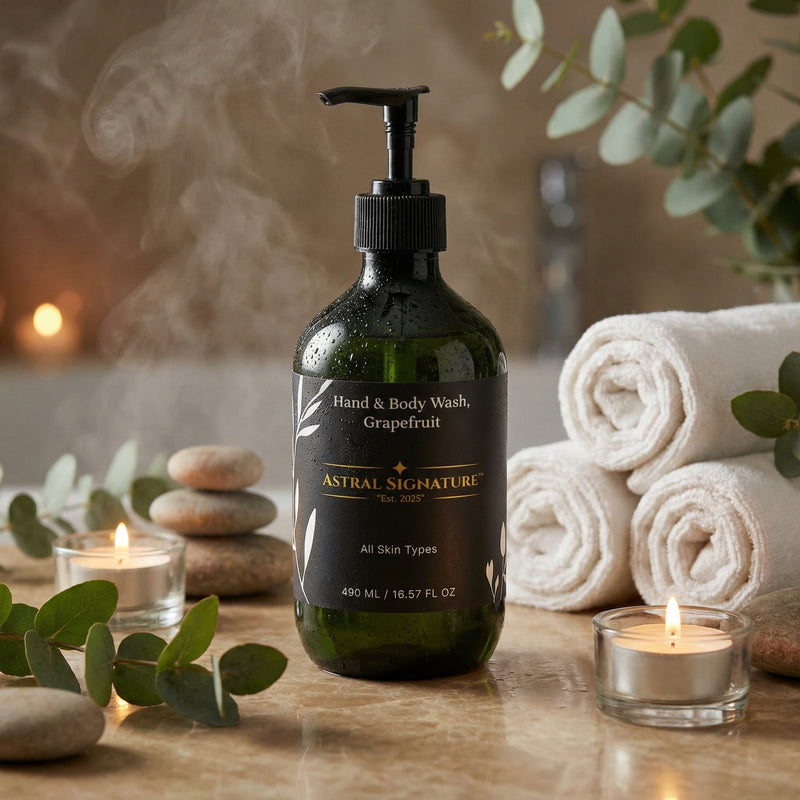 The Astral Signature Grapefruit Hand & Body Wash bottle beautifully displayed with soft towels and candles for a calming atmosphere. This body wash caters to all skin types and features hydrating properties. With its vegan formula and use of Betaine, it effectively addresses dehydration and delivers a gentle cleansing experience.