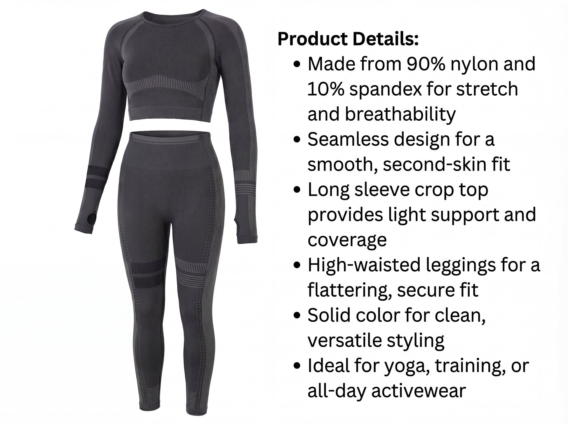 Front view of the Shadow Flex Yoga Set by CHARMING BUNNY, illustrating the combination of a long-sleeve top and matching leggings in sleek black, designed for comfort and movement in any workout. Perfect for active lifestyles. APPAREL, BASICS & ACTIVEWEAR, Black, CCPRODUCTS, NEW ARRIVALS, SETS.