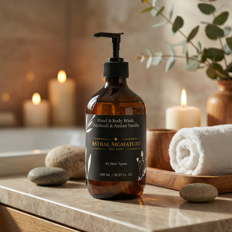 Astral Signature Hand & Body Wash, Patchouli & Amber Vanilla displayed in a spa-like setting with candles and towels. The product in amber packaging is vegan and gentle to the skin, perfect for all skin types, with active ingredients like Betaine, and is gluten and nut-free.