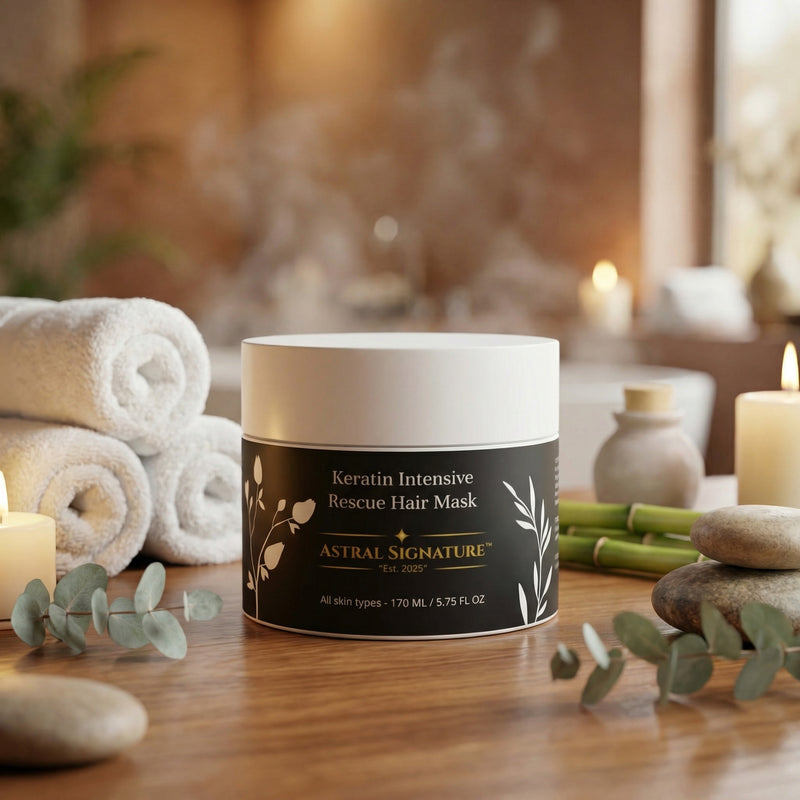 The Keratin Intensive Rescue Hair Mask by Astral Signature, elegantly displayed among towels and stones, emphasizes its luxurious, deeply nourishing formula suitable for all skin types. This white packaging enhances shine and smoothness while addressing dry ends and reducing breakage, featuring active ingredients like keratin, peptides, and wheat protein.