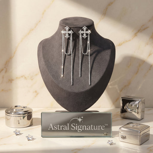 Showcase of Divine Cascade Earrings by Astral Signature on a gray jewelry stand, highlighting their stunning design with a luxurious appeal. Ideal as a Gift for Her, these drops combine White Gold Plated Eco-Brass and Sterling Silver (S925) for elegance.