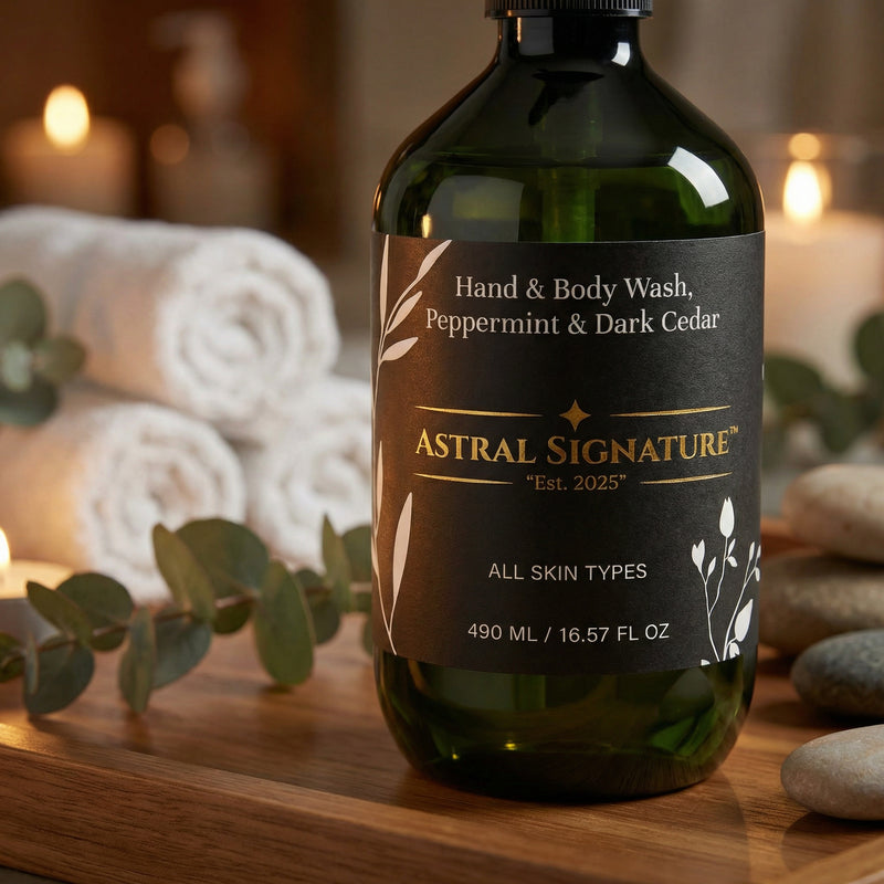 Astral Signature Hand & Body Wash, Peppermint & Dark Cedar surrounded by rolled towels and stones, highlighting its use in luxurious wellness settings. This hydrating body wash is vegan, gluten-free, and suitable for all skin types, offering gentle cleansing for dehydrated skin.