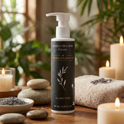 Sensitive Skin Body Cream from Astral Signature displayed among natural elements. The body lotion, perfect for all skin types, provides deep hydration and features a fast-absorbing formula enriched with Aloe Juice and Cocoa Butter, aimed at soothing and moisturizing dehydrated sensitive skin.