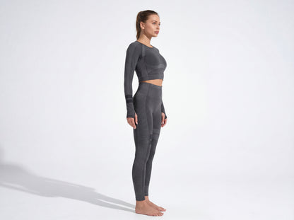 Product details of the Shadow Flex Yoga Set by CHARMING BUNNY, featuring a cropped long-sleeve top and high-waisted leggings in black, crafted for performance and style in activewear. Ideal for all-day use and workouts. APPAREL, BASICS & ACTIVEWEAR, Black, CCPRODUCTS, NEW ARRIVALS, SETS.