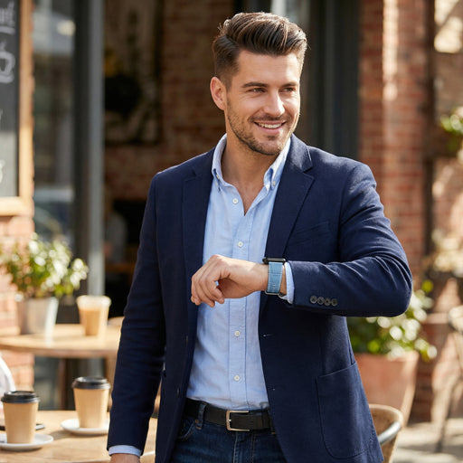 Model wearing the Light Blue Croc Leather Apple Watch Band from Astral Signature, showcasing its stylish design and versatility as an everyday watch accessory. Perfect for casual chic looks and ideal as a gift for her or for special occasions like Mother's Day.