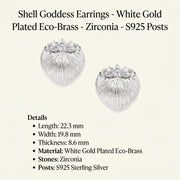 Detailed image of Shell Goddess Earrings displaying their dimensions and materials including white gold plated eco-brass and zirconia, by Astral Signature™. A stylish gift for her, these earrings feature hypoallergenic sterling silver (S925) posts.
