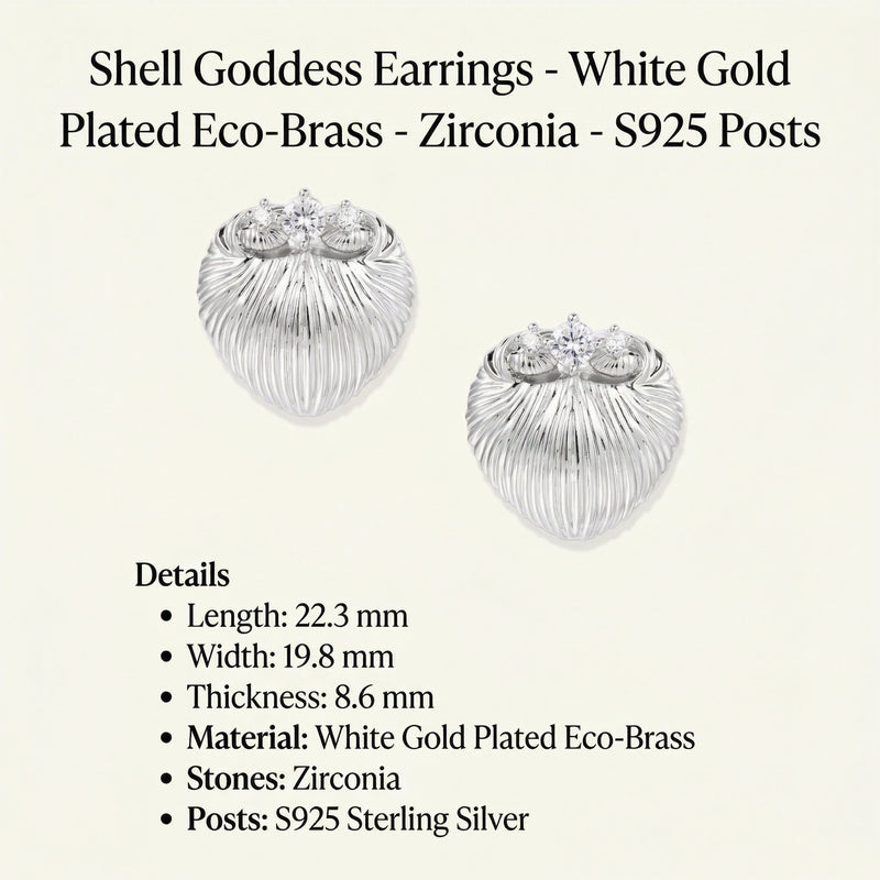 Detailed image of Shell Goddess Earrings displaying their dimensions and materials including white gold plated eco-brass and zirconia, by Astral Signature™. A stylish gift for her, these earrings feature hypoallergenic sterling silver (S925) posts.
