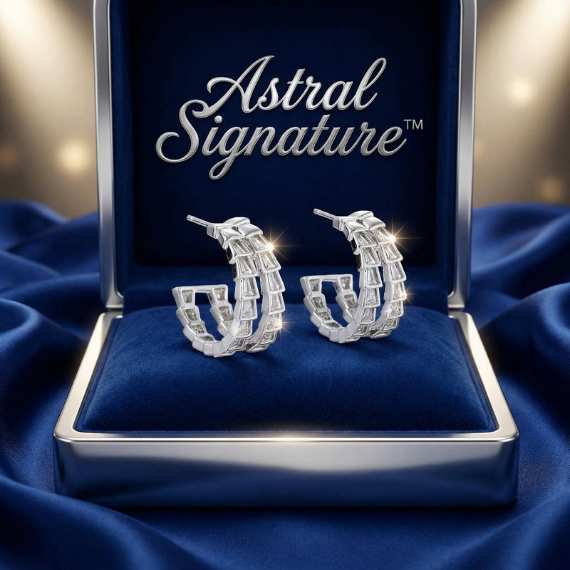 Crystal Avenue Hoops elegantly displayed in a luxurious box, showcasing Astral Signature's white gold plated Eco-Brass design with exquisite zirconia, perfect for gifting.