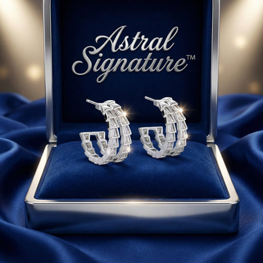 Crystal Avenue Hoops elegantly displayed in a luxurious box, showcasing Astral Signature's white gold plated Eco-Brass design with exquisite zirconia, perfect for gifting.