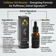An informational graphic showing the Caffeine Gel Booster - Energizing Formula for Puffiness by Astral Signature, including details about its key active ingredients and benefits. The amber bottle emphasizes its role as a natural certified booster for oily and mature skin types, targeting under-eye fatigue and damaged skin barriers while offering a refreshing and hydrating experience.
