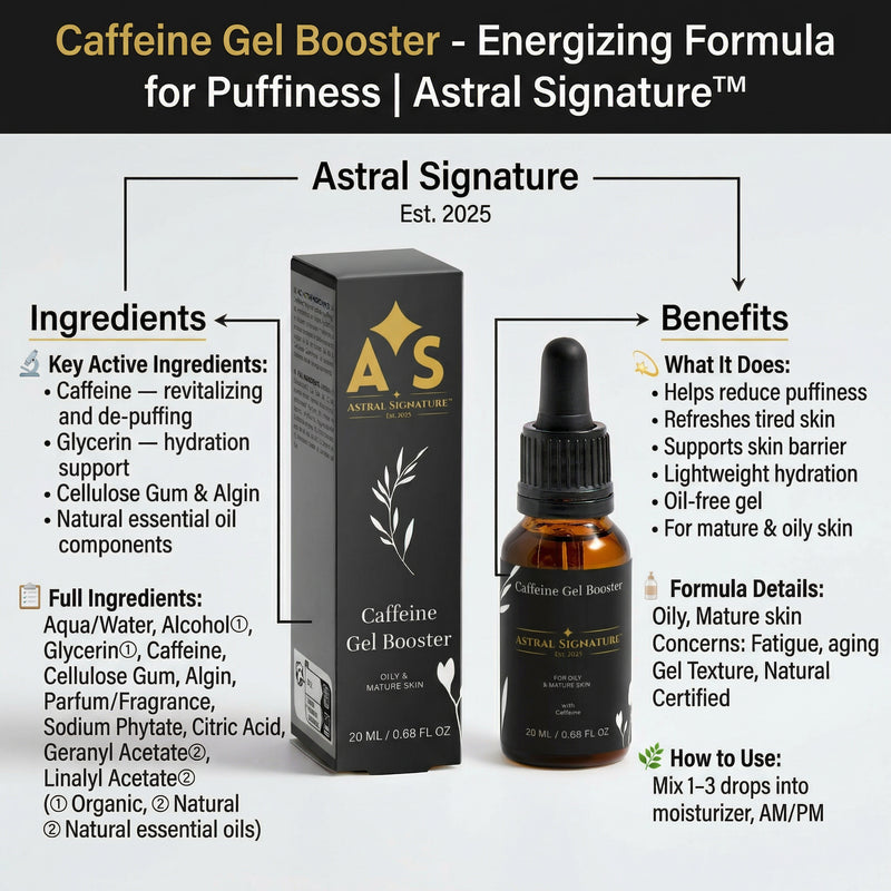 An informational graphic showing the Caffeine Gel Booster - Energizing Formula for Puffiness by Astral Signature, including details about its key active ingredients and benefits. The amber bottle emphasizes its role as a natural certified booster for oily and mature skin types, targeting under-eye fatigue and damaged skin barriers while offering a refreshing and hydrating experience.
