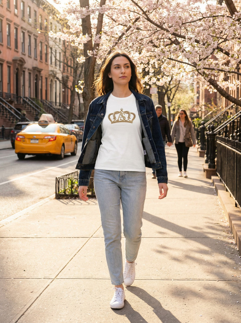 A woman walking on a sunny street wearing the Women’s Cotton Tee — Minimal Radiant A.S Golden Crown Lines Graphic by Astral Signature. Featured in light colors, this women shirt perfectly embodies casual elegance. Ideal for any occasion as a stylish women tee.