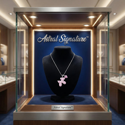 The Pink Cross Heart Necklace from Astral Signature is displayed on a bust, showcasing its unique teddy bear design embellished with zirconia, made of sustainable White Gold Plated Eco-Brass.