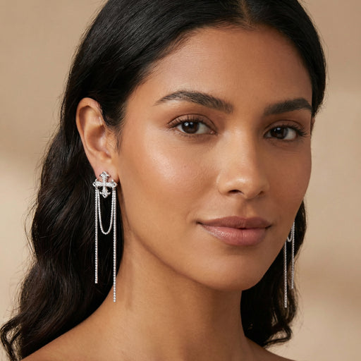 Model wearing Divine Cascade Earrings by Astral Signature, showcasing their exquisite drop design that adds sophistication. These earrings serve as a remarkable Gift for Her, made with White Gold Plated Eco-Brass and Sterling Silver (S925).