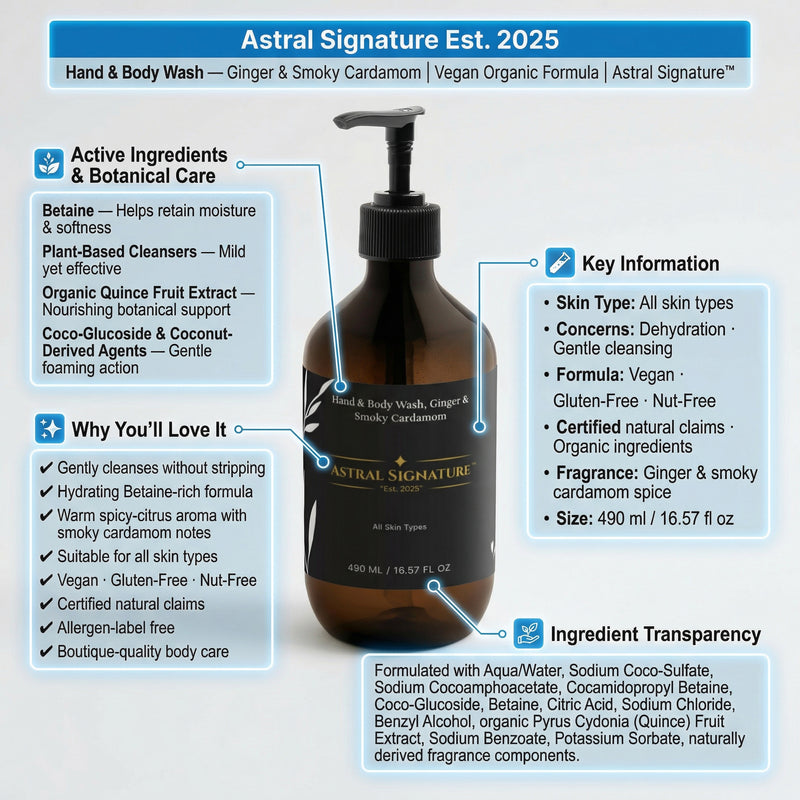 Informative infographic featuring Astral Signature Hand & Body Wash, Ginger & Smoky Cardamom, detailing its active ingredients and skin benefits. This product is vegan, gluten-free, and allergen label free, crafted for all skin types to address concerns of dehydrated skin with gentle cleansing.
