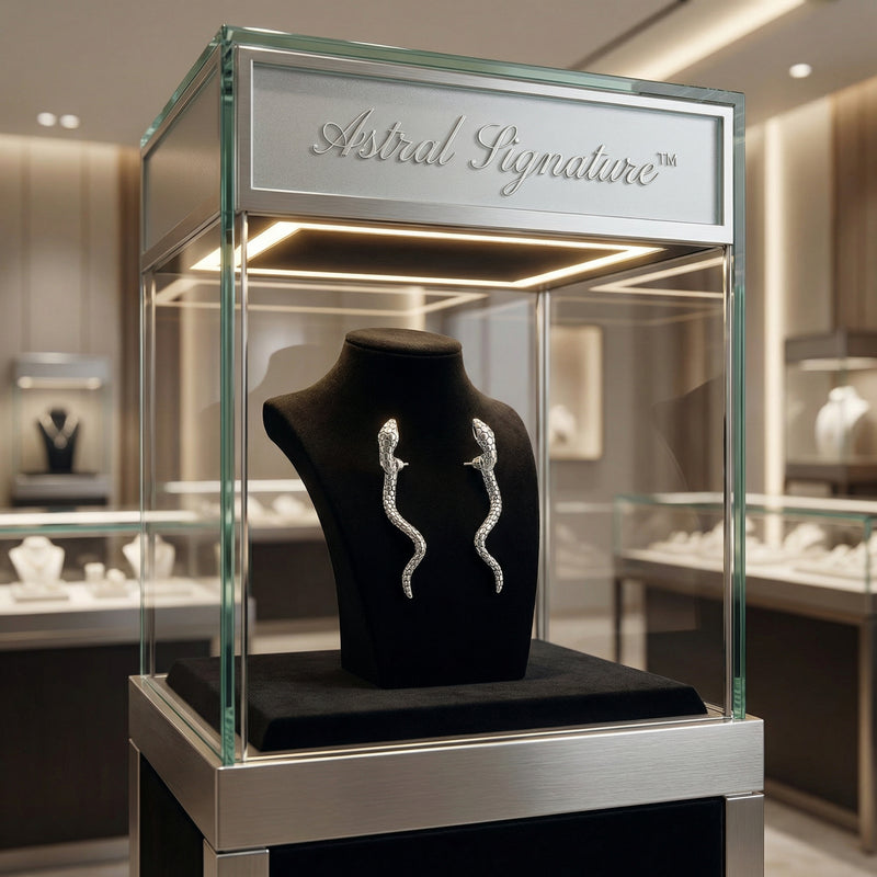 Display of the Serpent Spell Earrings in a luxurious jewelry showcase by Astral Signature, emphasizing their refined design. Made from white gold plated Eco-Brass, these earrings are a thoughtful gift for her with Sterling Silver (S925) posts.