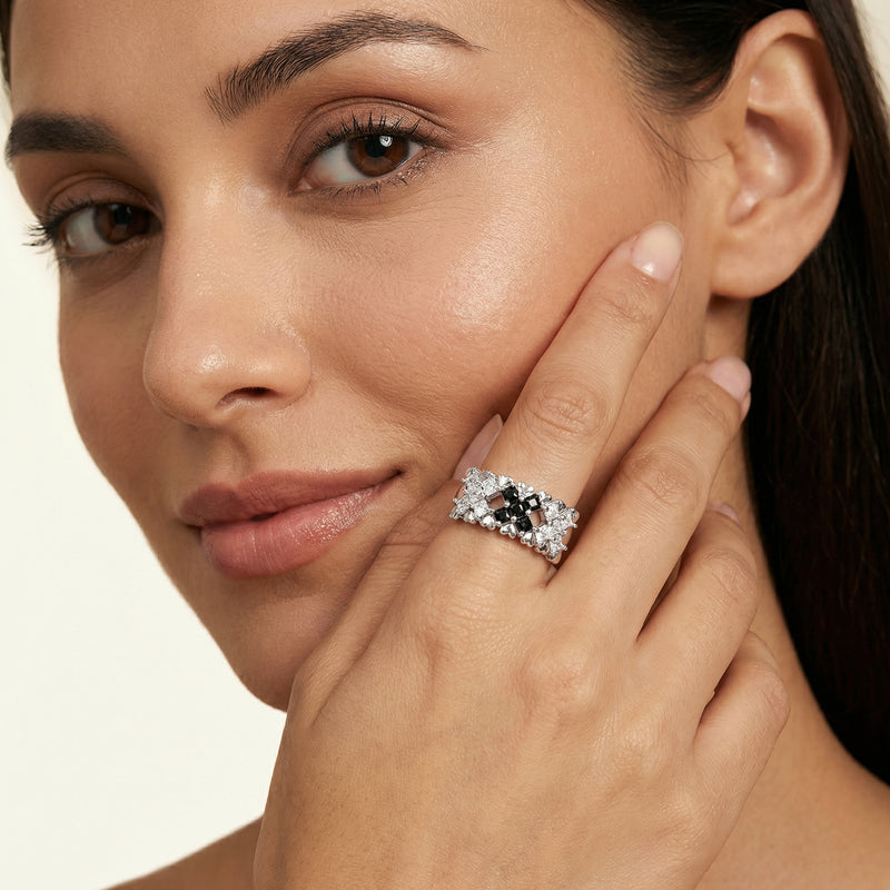 Model wearing the Pixel Dream Ring — White Gold Plated Eco-Brass • Zirconia by Astral Signature, highlighting its adjustable fit and sparkle from zirconia stones, making it an ideal eco-brass ring for any occasion. Perfect as a Gift for Her.