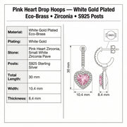 Detailed view of Pink Heart Drop Hoops by Astral Signature, illustrating the intricate zirconia design. Beautiful Eco-Brass earrings perfect as a gift for her, these White Gold Plated Eco-Brass earrings feature heart-shaped accents.