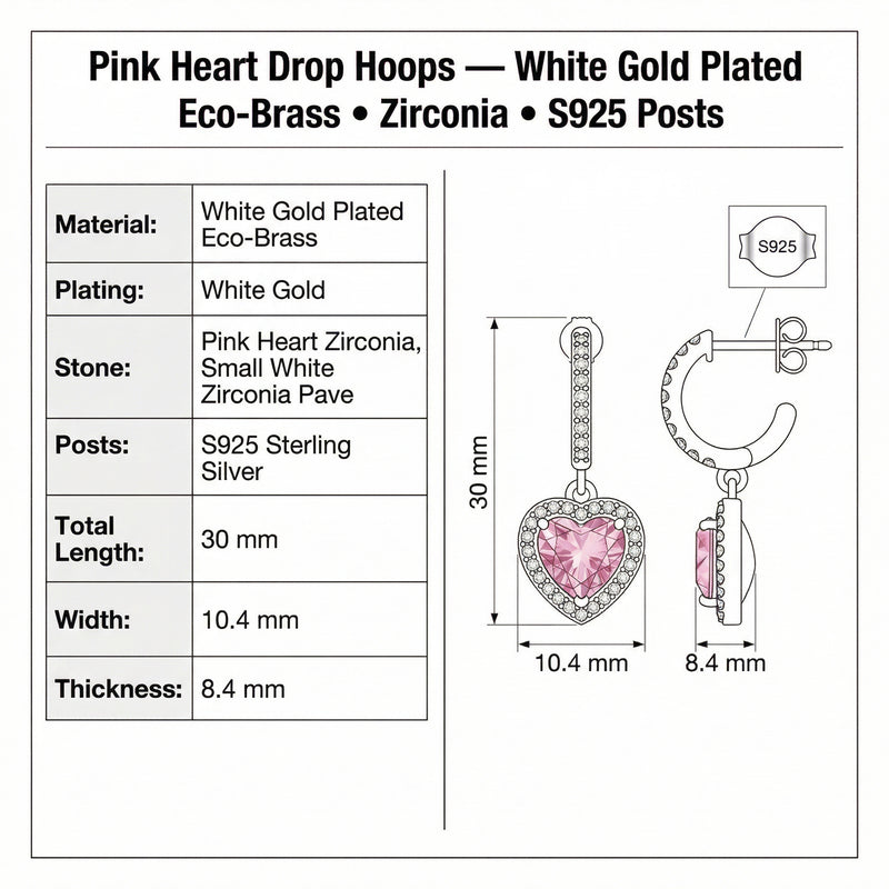 Detailed view of Pink Heart Drop Hoops by Astral Signature, illustrating the intricate zirconia design. Beautiful Eco-Brass earrings perfect as a gift for her, these White Gold Plated Eco-Brass earrings feature heart-shaped accents.