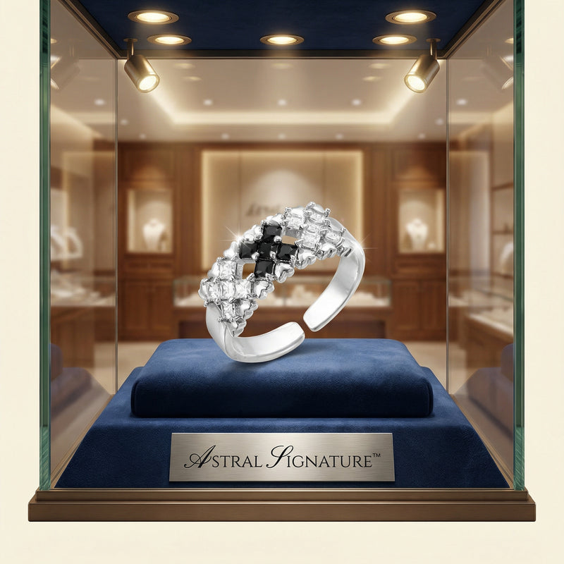 The Pixel Dream Ring — White Gold Plated Eco-Brass • Zirconia by Astral Signature displayed in a jewelry case, emphasizing its design and allure with zirconia stones. This adjustable ring is a stunning Gift for Her, crafted from sustainable eco-brass.