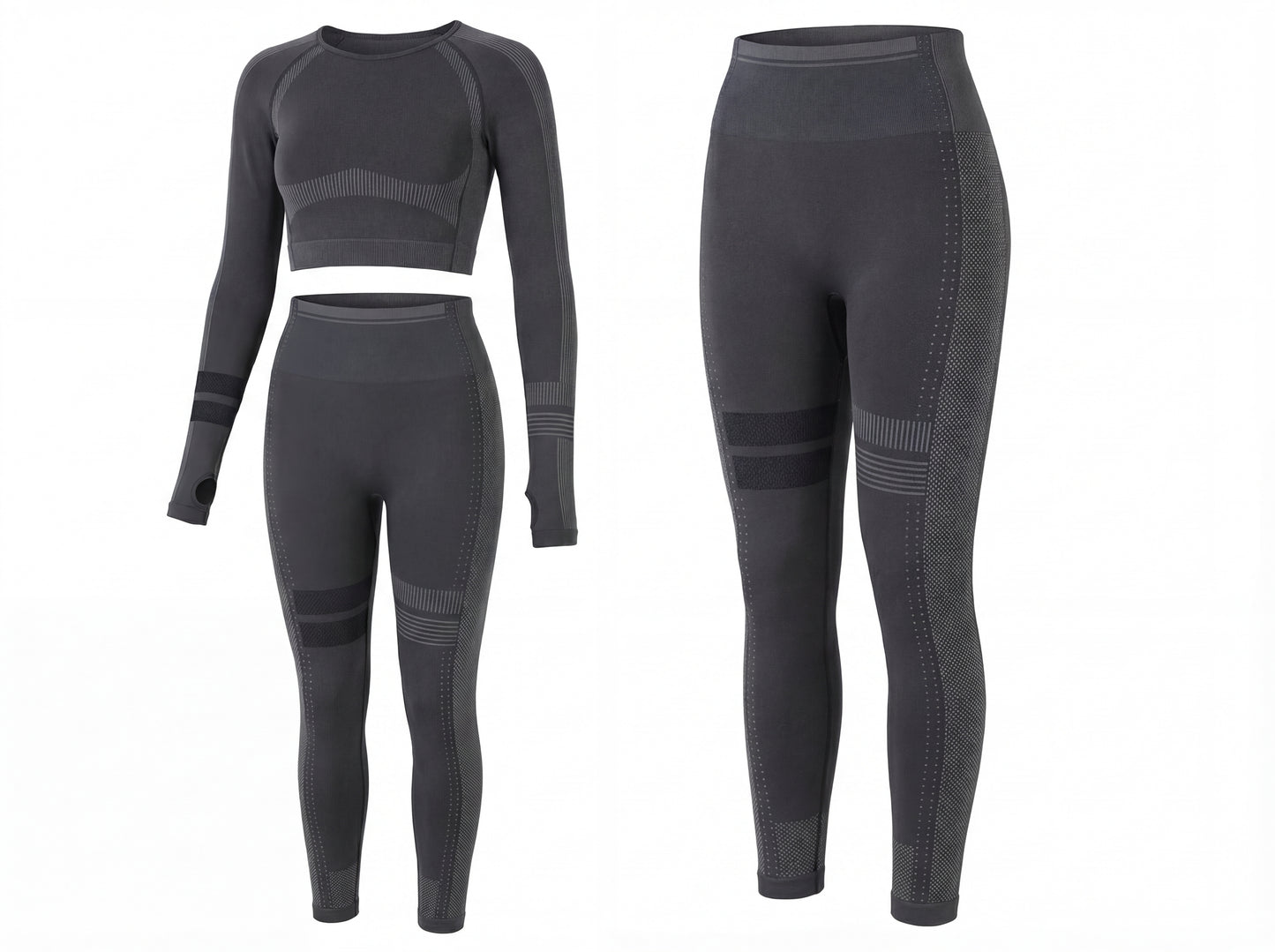 Two-piece Shadow Flex Yoga Set by CHARMING BUNNY, showcasing a long-sleeve crop top and high-waisted leggings in black, designed for comfort and style, ideal for activewear. Perfect for yoga, training, and all-day wear. APPAREL, BASICS & ACTIVEWEAR, Black, CCPRODUCTS, NEW ARRIVALS, SETS.