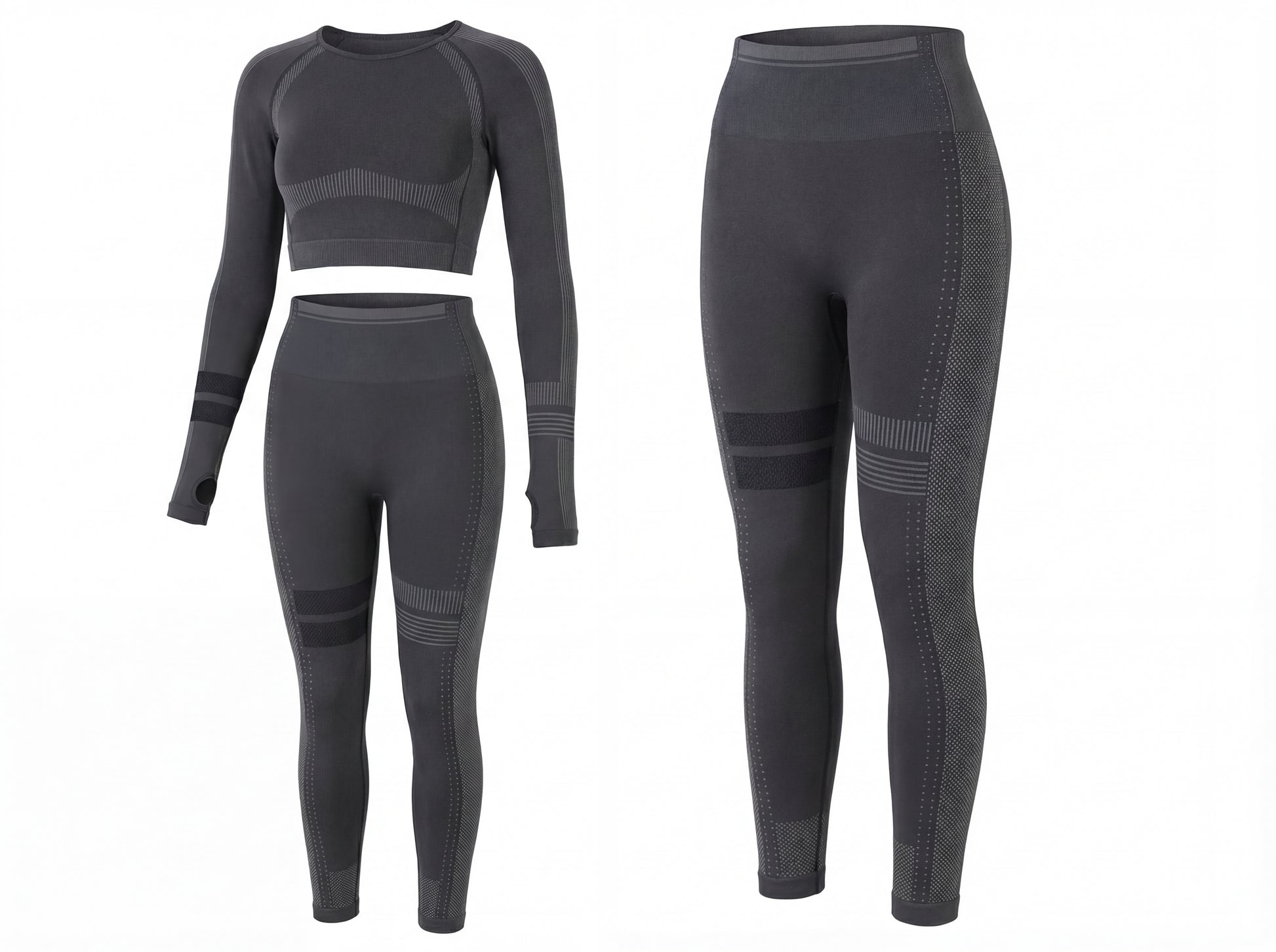 Two-piece Shadow Flex Yoga Set by CHARMING BUNNY, showcasing a long-sleeve crop top and high-waisted leggings in black, designed for comfort and style, ideal for activewear. Perfect for yoga, training, and all-day wear. APPAREL, BASICS & ACTIVEWEAR, Black, CCPRODUCTS, NEW ARRIVALS, SETS.
