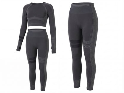 Two-piece Shadow Flex Yoga Set by CHARMING BUNNY, showcasing a long-sleeve crop top and high-waisted leggings in black, designed for comfort and style, ideal for activewear. Perfect for yoga, training, and all-day wear. APPAREL, BASICS & ACTIVEWEAR, Black, CCPRODUCTS, NEW ARRIVALS, SETS.