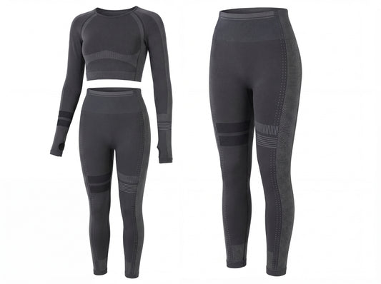 Two-piece Shadow Flex Yoga Set by CHARMING BUNNY, showcasing a long-sleeve crop top and high-waisted leggings in black, designed for comfort and style, ideal for activewear. Perfect for yoga, training, and all-day wear. APPAREL, BASICS & ACTIVEWEAR, Black, CCPRODUCTS, NEW ARRIVALS, SETS.