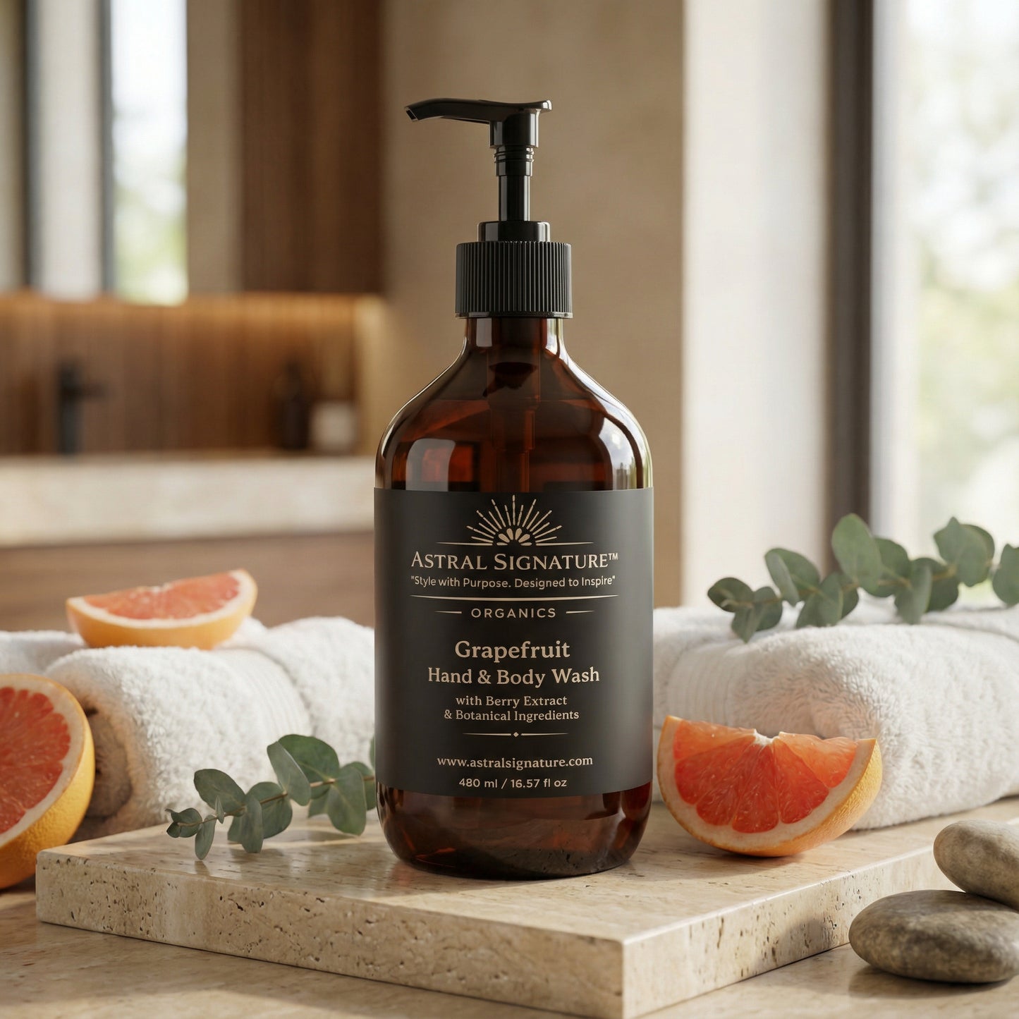 Astral Signature™ Hand & Body Wash Cleanses, Grapefruit in amber packaging, perfect for all skin types. This body wash is infused with Betaine as an active ingredient, designed to gently cleanse and hydrate dehydrated skin. Ideal for daily body-care routines, it offers a refreshing grapefruit scent while being vegan and gentle to the skin.