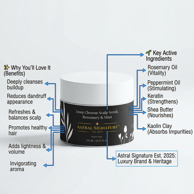 Informative image showcasing Deep Cleanse Scalp Exfoliator by Astral Signature, highlighting key active ingredients like Rosemary Oil and Keratin. The product, suited for all skin types, is packaged in white and designed to remove buildup while addressing concerns of lack of glow and volume.